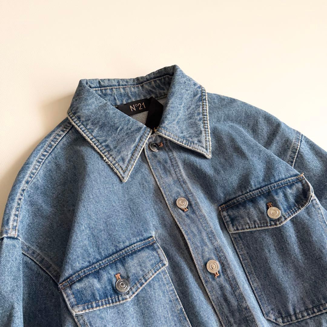 23SS 【ヌメロヴェントゥーノ】 オーバーデニムジャケット 銀ボタン 革パッチ