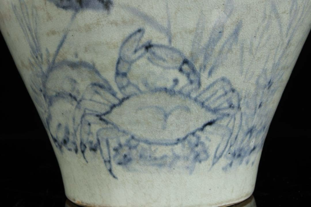 時代物 李朝 染付魚蟹海老文 壺 花瓶 箱付 白磁 青花 朝鮮古陶 唐物 骨董品