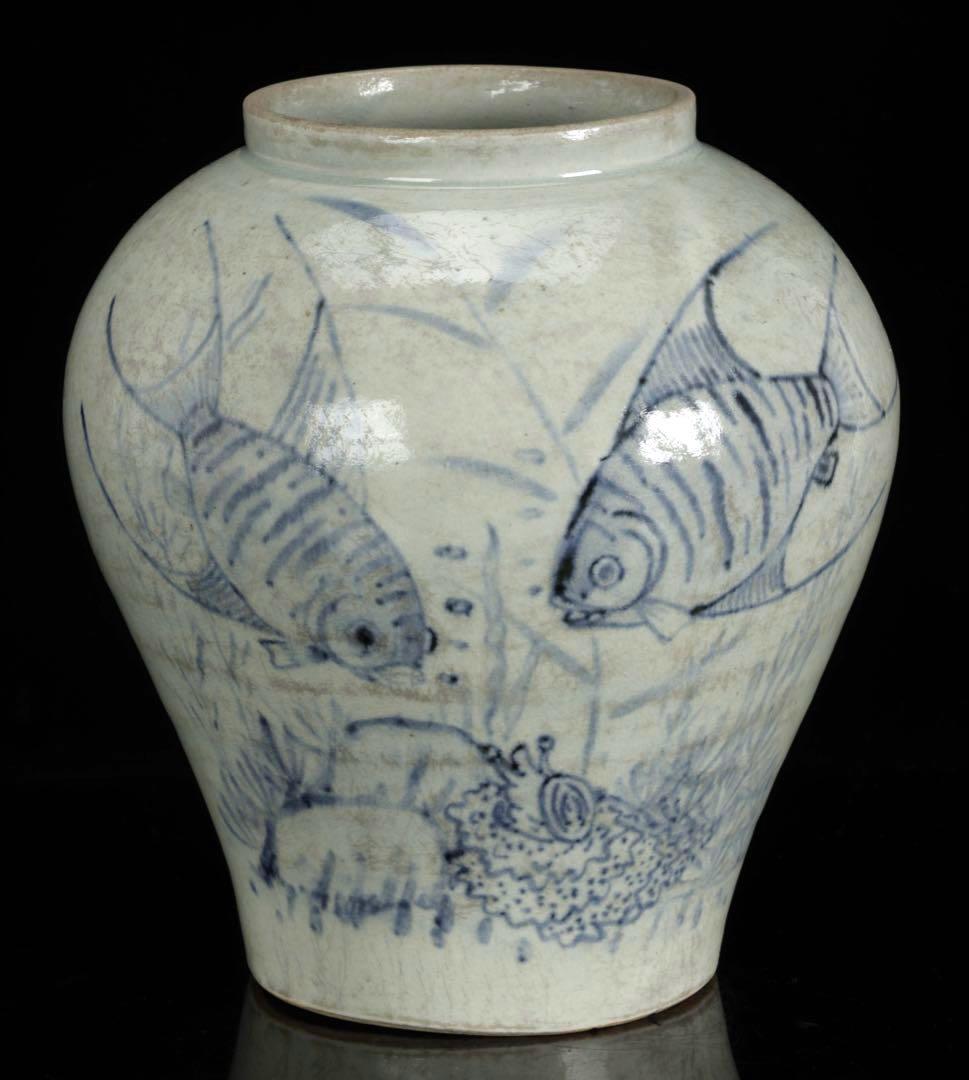 時代物 李朝 染付魚蟹海老文 壺 花瓶 箱付 白磁 青花 朝鮮古陶 唐物 骨董品