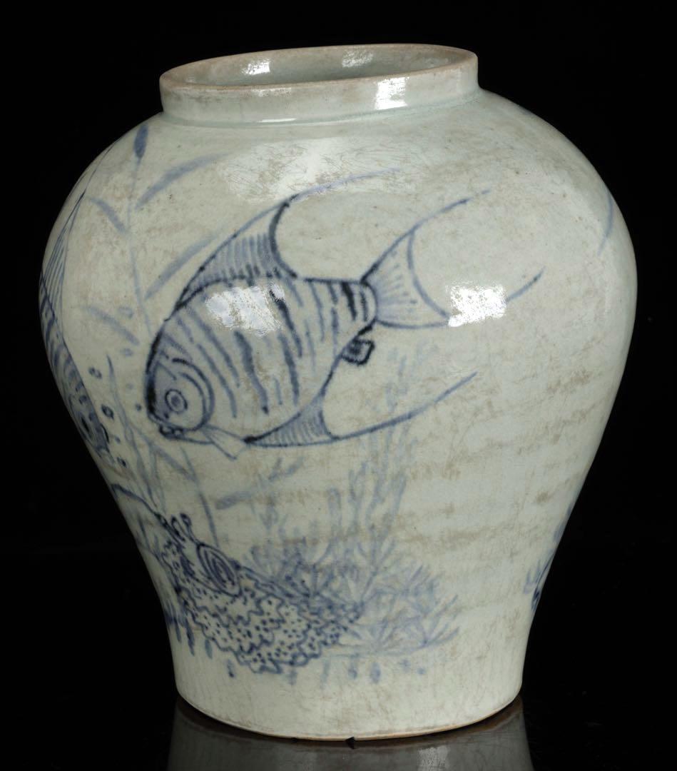 時代物 李朝 染付魚蟹海老文 壺 花瓶 箱付 白磁 青花 朝鮮古陶 唐物 骨董品