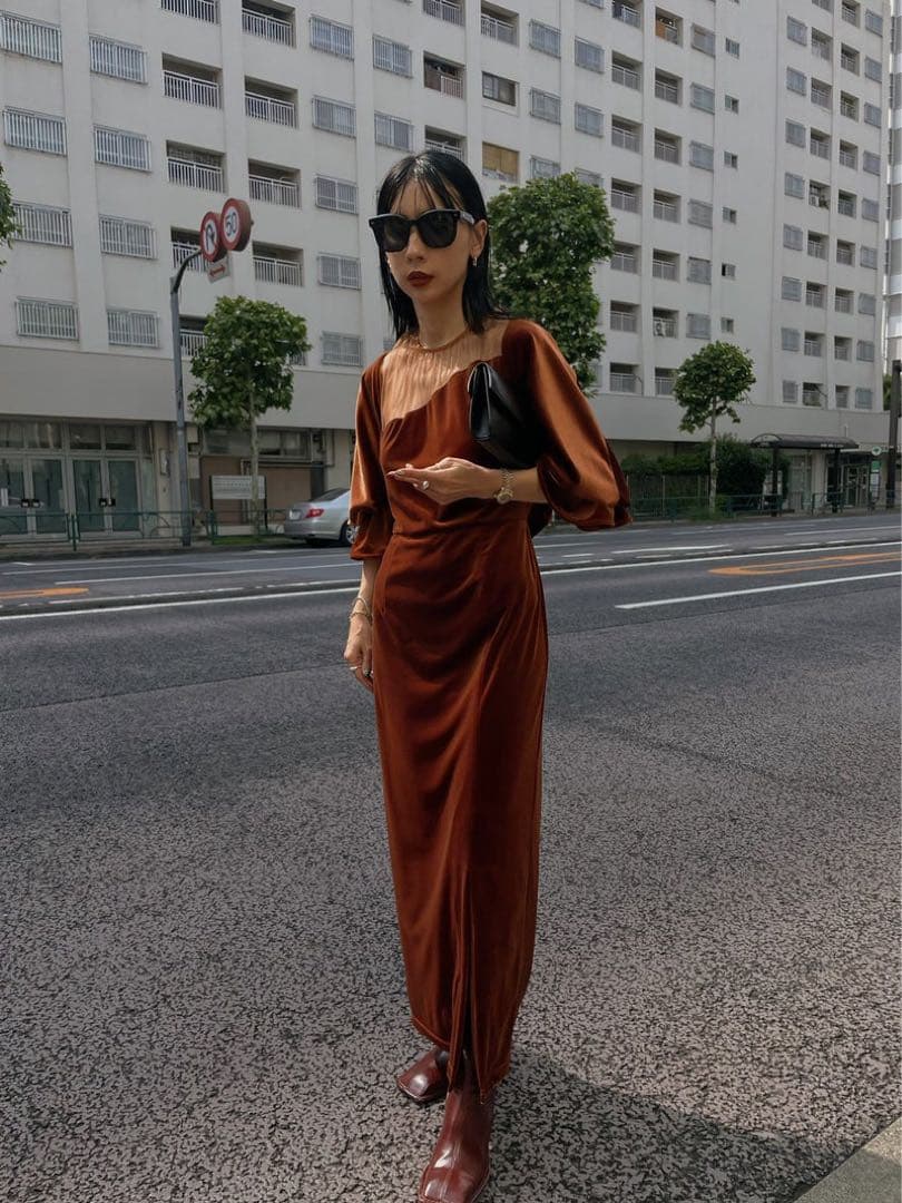 Ameri 2WAY CURVE VELOURS DRESS テラコッタ　S