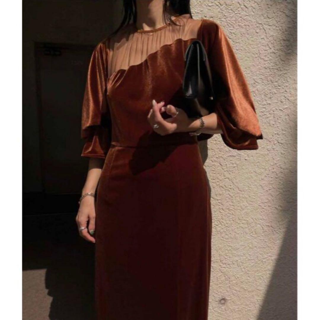 Ameri 2WAY CURVE VELOURS DRESS テラコッタ　S