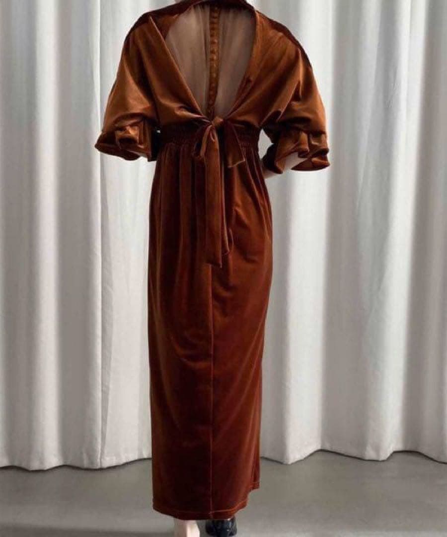 Ameri 2WAY CURVE VELOURS DRESS テラコッタ　S