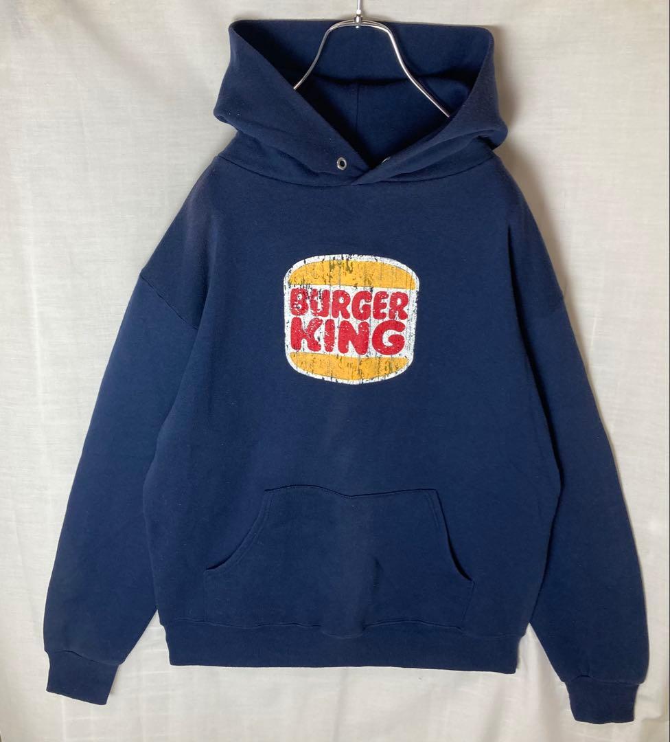 希少古着USA製バーガーキングビッグプリントネイビースウェットパーカーゆったり