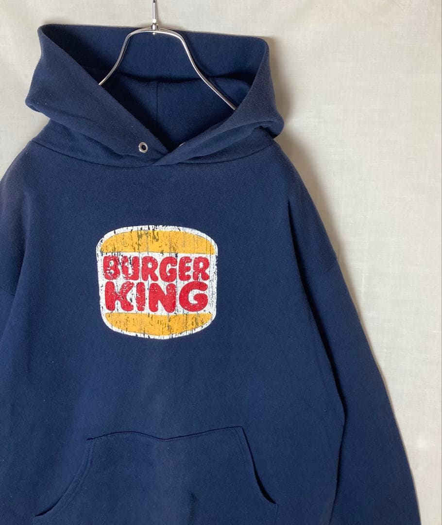 希少古着USA製バーガーキングビッグプリントネイビースウェットパーカーゆったり