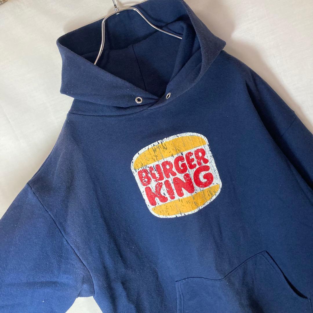 希少古着USA製バーガーキングビッグプリントネイビースウェットパーカーゆったり
