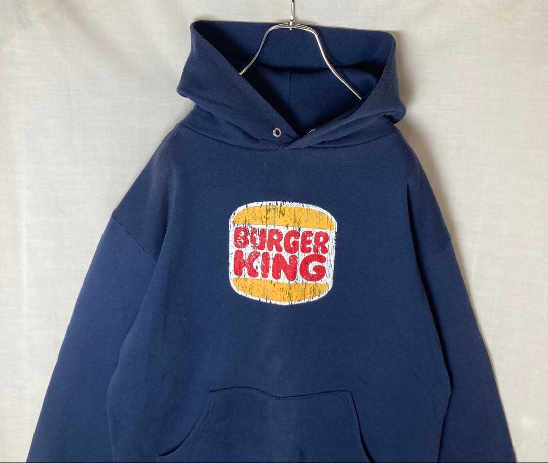 希少古着USA製バーガーキングビッグプリントネイビースウェットパーカーゆったり