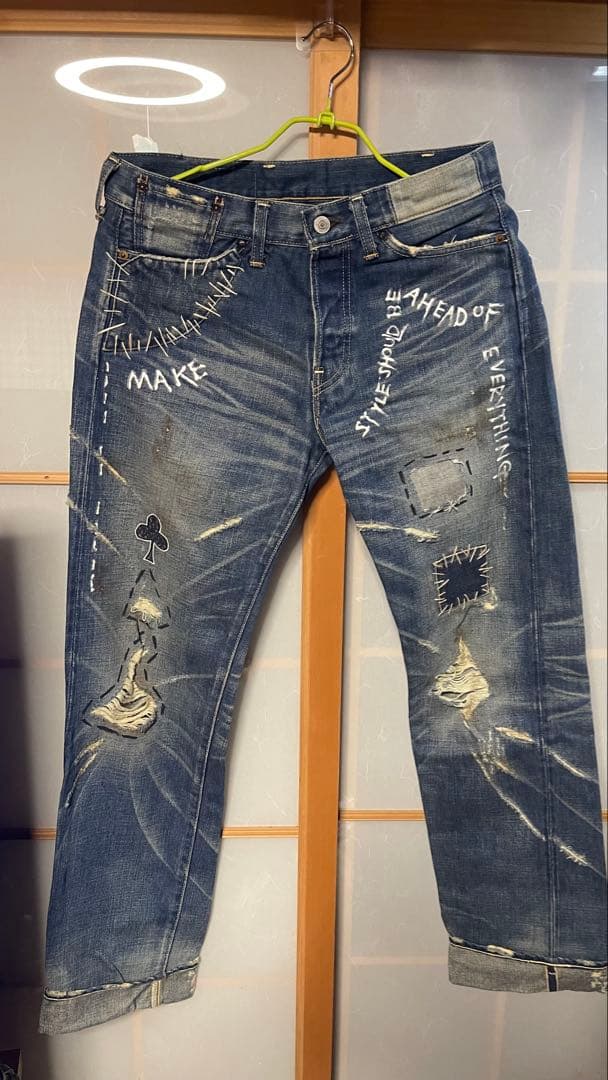 希少リーバイス ペンキダメージデニムトランプクラブ パッチワークLVC青山 大戦