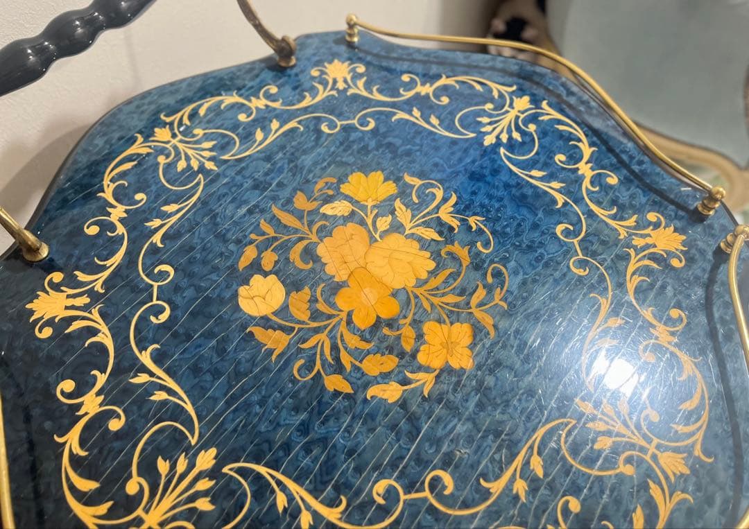 イタリア製DOMANI キャスター付き 木象嵌ワゴン　ブルー　キッチンワゴン