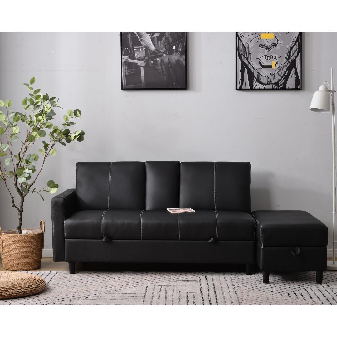 ソファー 3人掛け ソファ 収納機能 引き出し オットマン【ブラック】