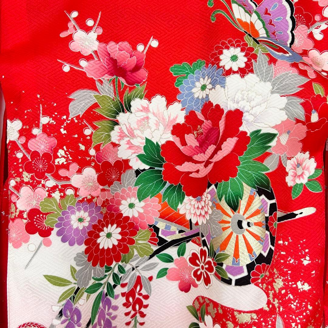 着物　お宮参り　産着　祝着　花車　蝶　四季草花　女の子　襦袢付き　クリーニング済