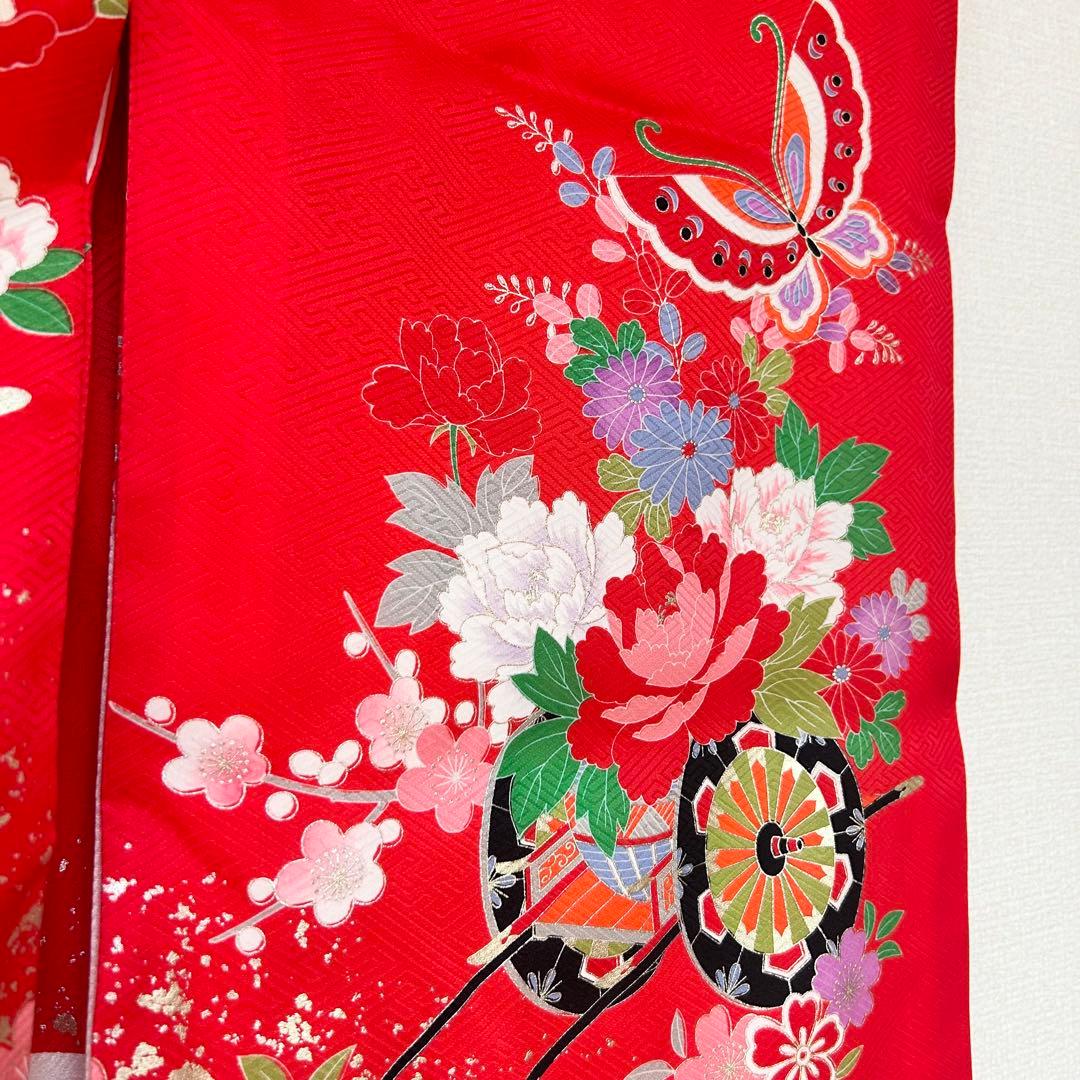 着物　お宮参り　産着　祝着　花車　蝶　四季草花　女の子　襦袢付き　クリーニング済