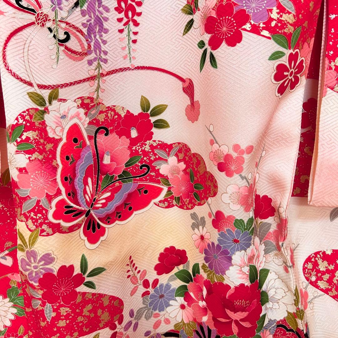 着物　お宮参り　産着　祝着　花車　蝶　四季草花　女の子　襦袢付き　クリーニング済