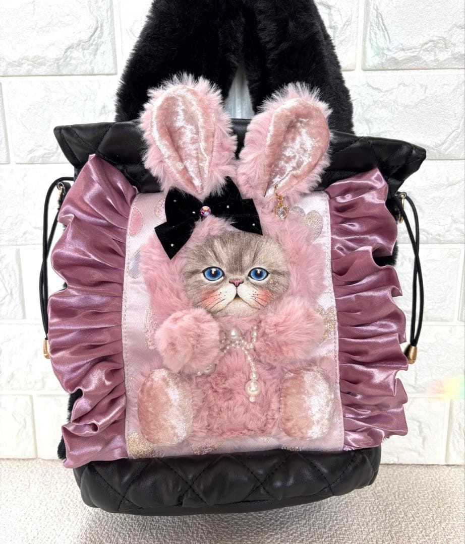 あ*こ様 コヤンイサムチョン　丸底巾着ファーバッグ　ルミちゃん　ピンクうさちゃん