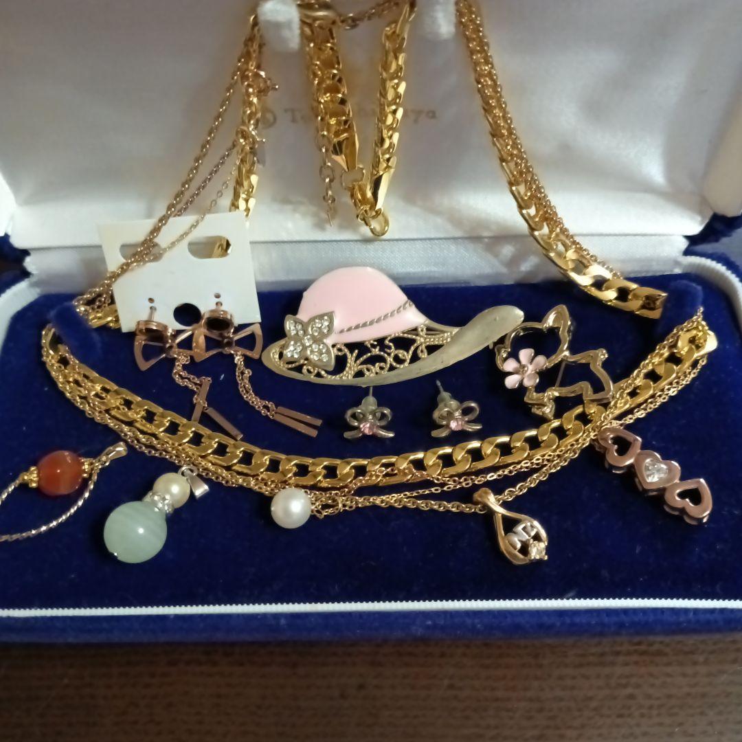 遺品生前整理アクセサリー纏めK18パールトップ、K18gpネックレス、14Kgp