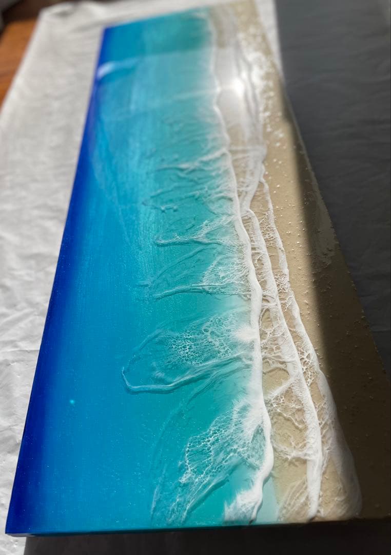 波3層　オーシャンレジン海アート　壁掛けアートロングパネル　W90㎝✖️H30㎝