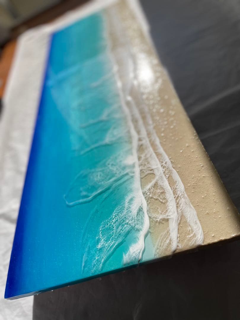 波3層　オーシャンレジン海アート　壁掛けアートロングパネル　W90㎝✖️H30㎝