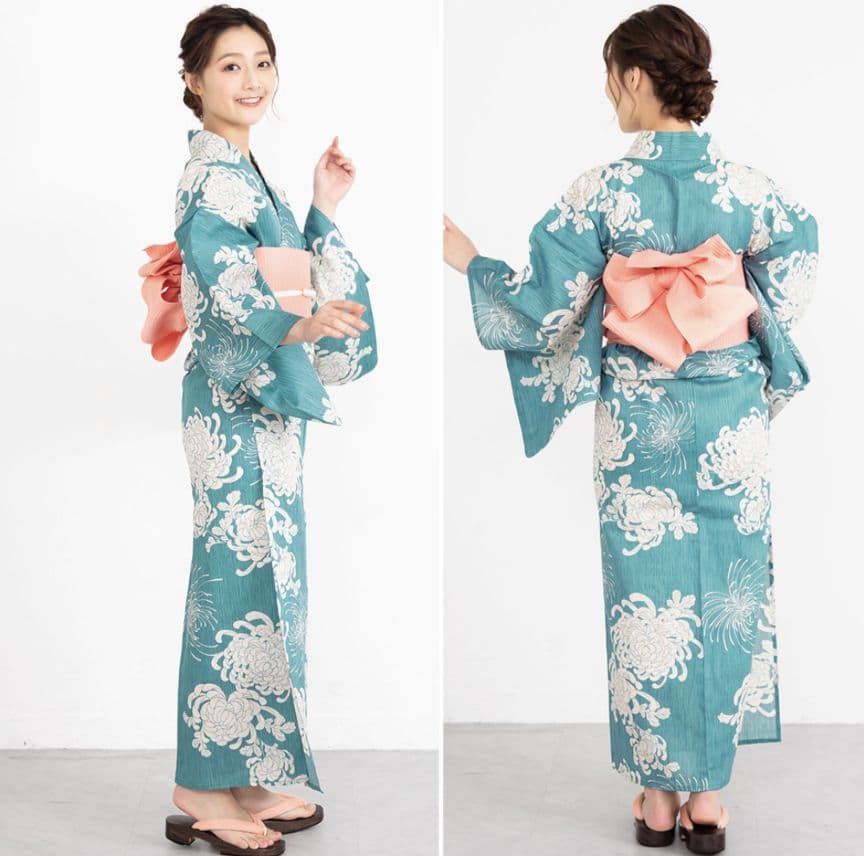 ✿新品未使用　綿麻浴衣　人気浴衣　夏着物　ターコイズブルー　大人浴衣　碧色　菊