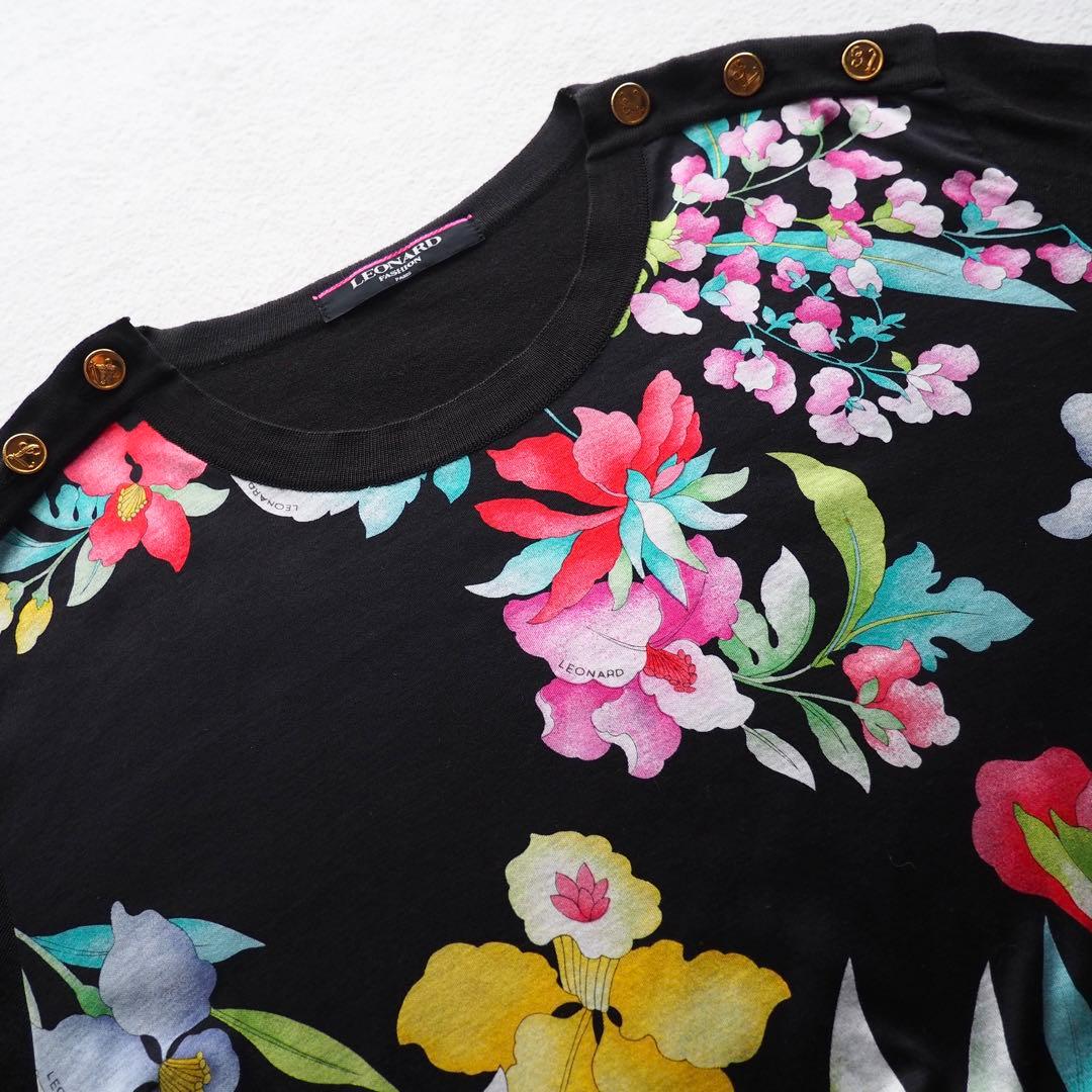 LEONARD 花柄 トリム 金ボタン ロゴボタン チュニック カットソー 半袖