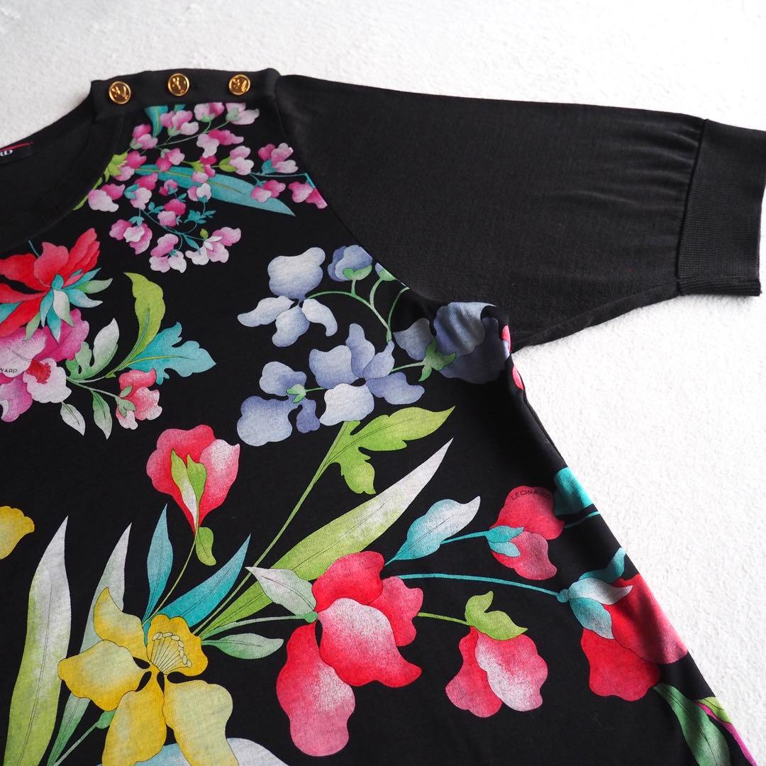 LEONARD 花柄 トリム 金ボタン ロゴボタン チュニック カットソー 半袖