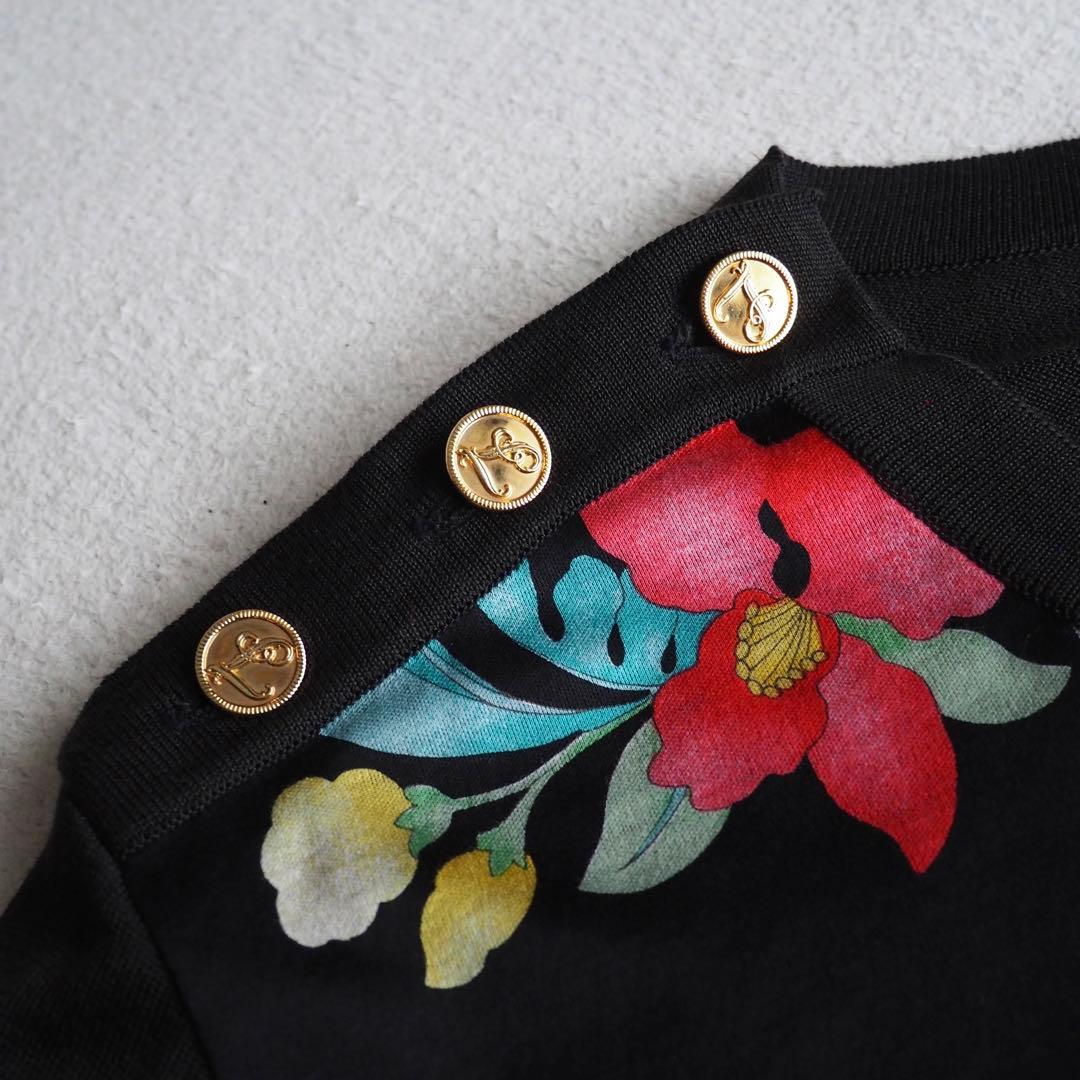 LEONARD 花柄 トリム 金ボタン ロゴボタン チュニック カットソー 半袖