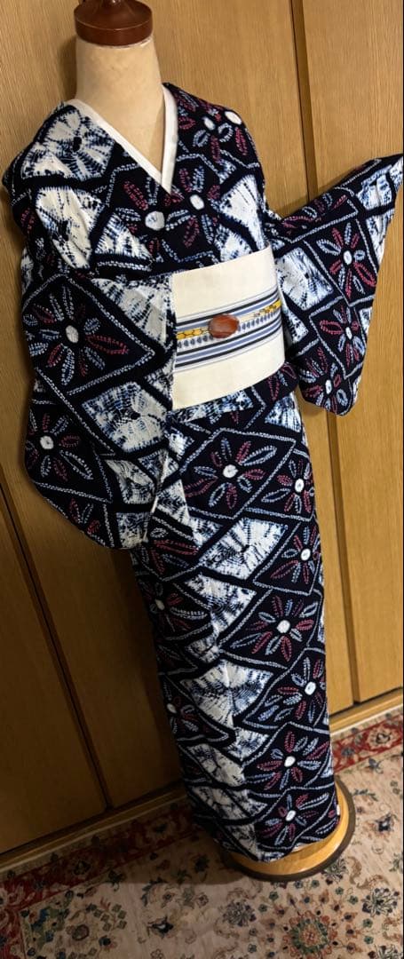 有松鳴海絞り　レトロ　巻き上げ絞り 藍染　花菱　ゆったりサイズ 半幅帯プレゼント