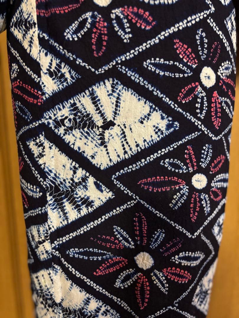 有松鳴海絞り　レトロ　巻き上げ絞り 藍染　花菱　ゆったりサイズ 半幅帯プレゼント