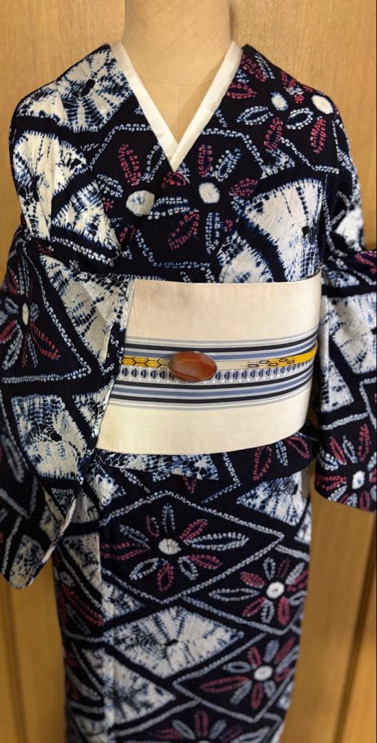 有松鳴海絞り　レトロ　巻き上げ絞り 藍染　花菱　ゆったりサイズ 半幅帯プレゼント