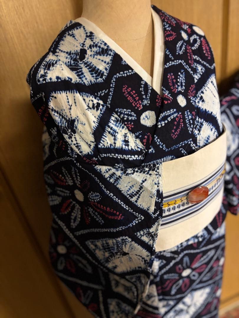 有松鳴海絞り　レトロ　巻き上げ絞り 藍染　花菱　ゆったりサイズ 半幅帯プレゼント