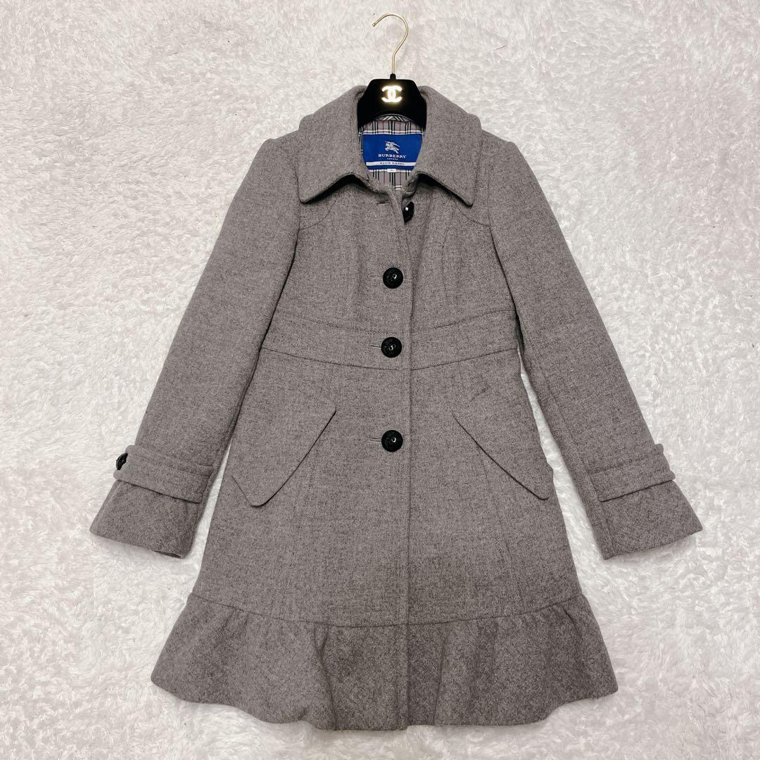 美品 バーバリーブルーレーベル アンゴラ ステンカラーコート グレー チェック