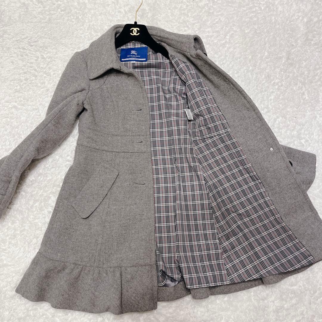 美品 バーバリーブルーレーベル アンゴラ ステンカラーコート グレー チェック