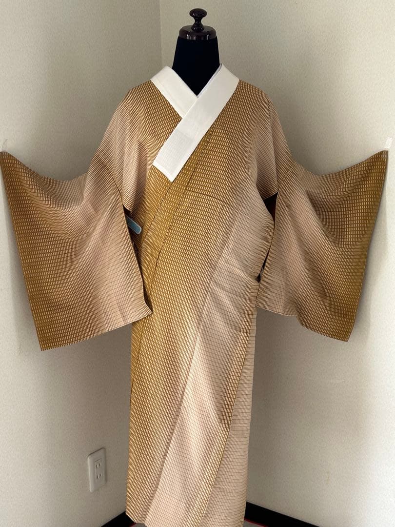 正絹　長襦袢　暈し格子柄　無双袖　未使用　居敷当て　東京ますいわ