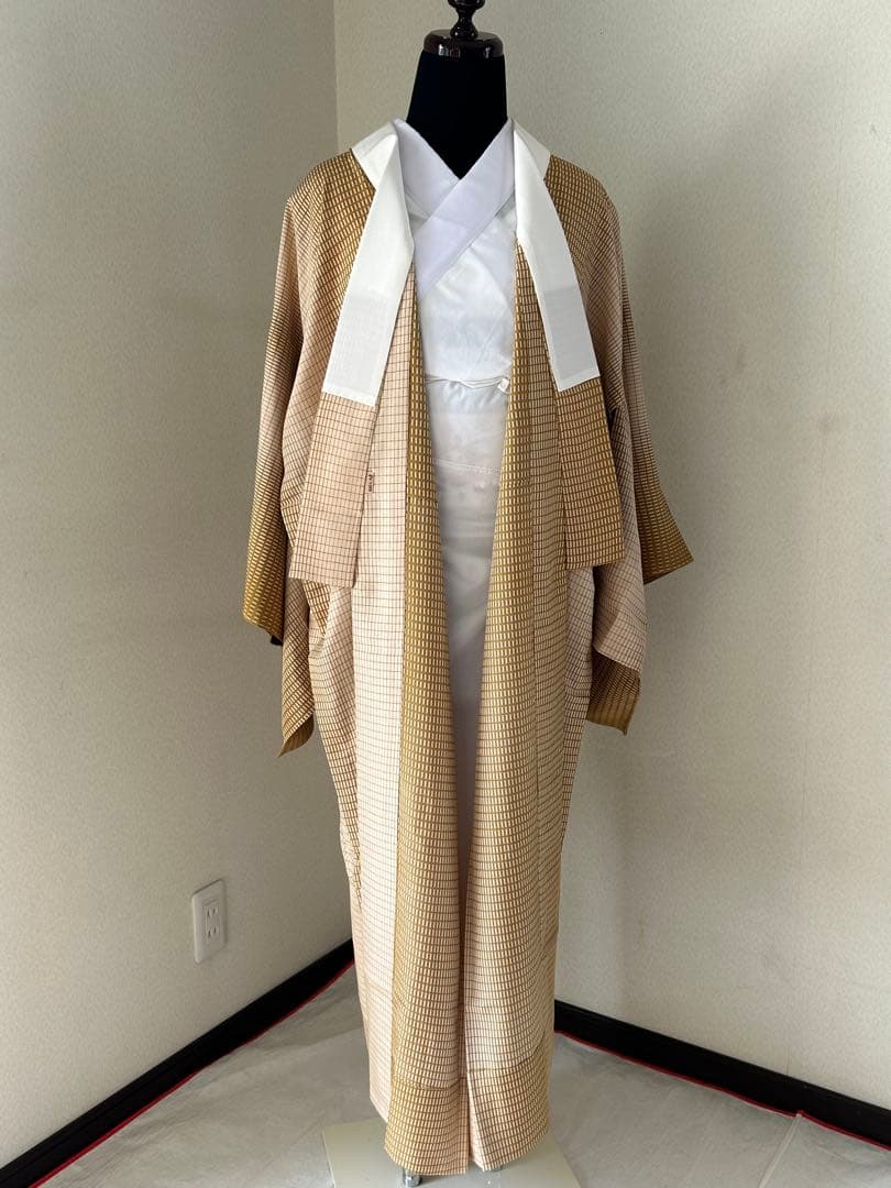 正絹　長襦袢　暈し格子柄　無双袖　未使用　居敷当て　東京ますいわ