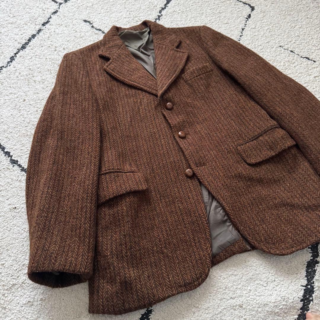 60s ハリスツイード　テーラードジャケット　ヘリンボーン　ブラウン　胡桃ボタン