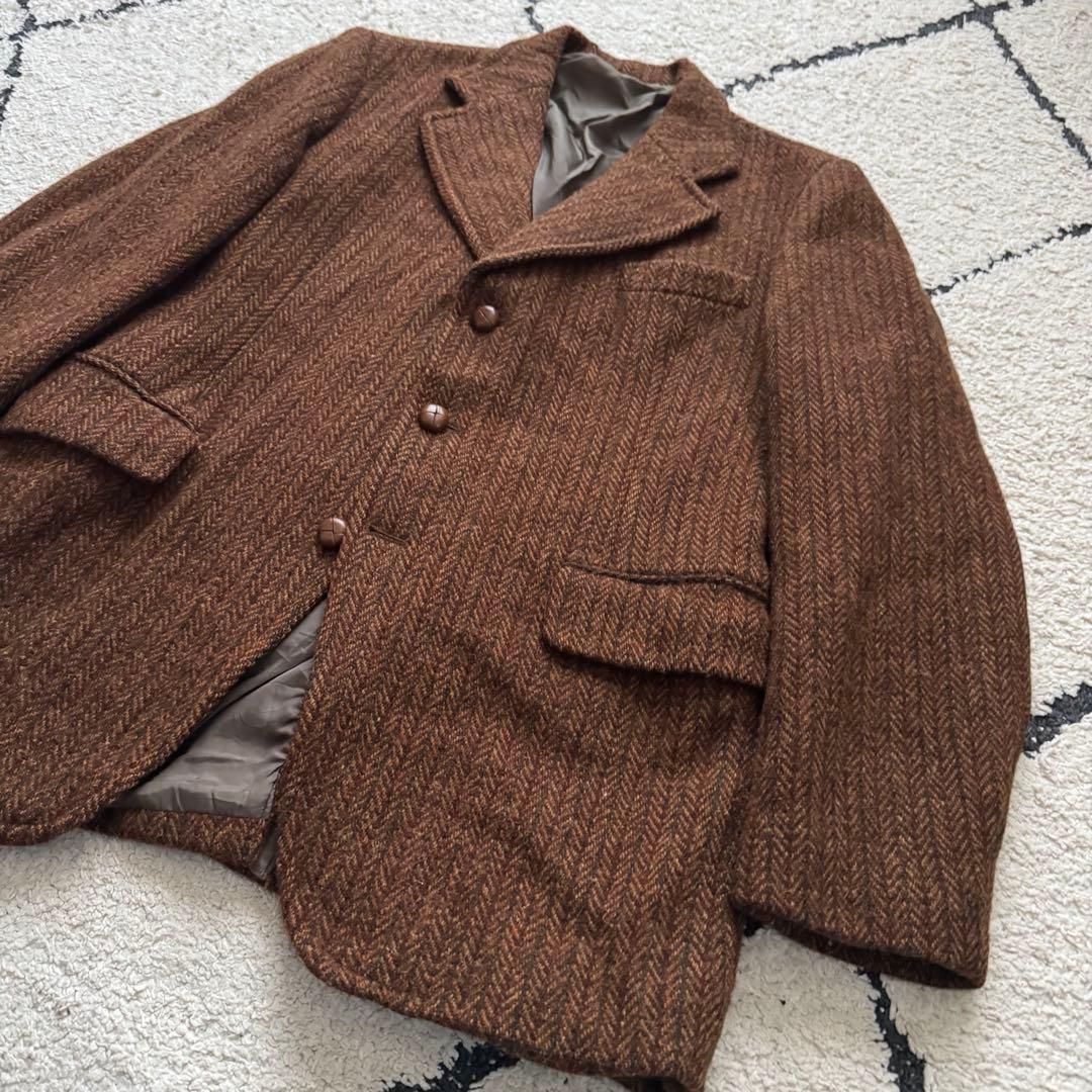 60s ハリスツイード　テーラードジャケット　ヘリンボーン　ブラウン　胡桃ボタン