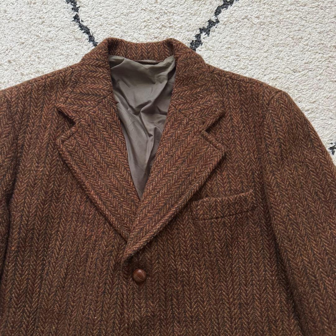 60s ハリスツイード　テーラードジャケット　ヘリンボーン　ブラウン　胡桃ボタン