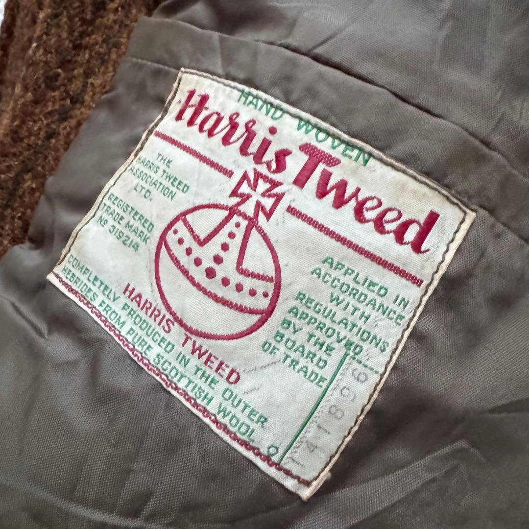 60s ハリスツイード　テーラードジャケット　ヘリンボーン　ブラウン　胡桃ボタン