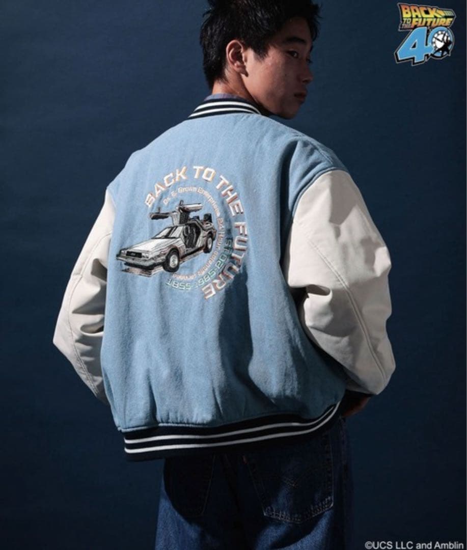 ニコアンド バックトゥザフューチャー BTTF 刺繍スタジャン ライトブルー