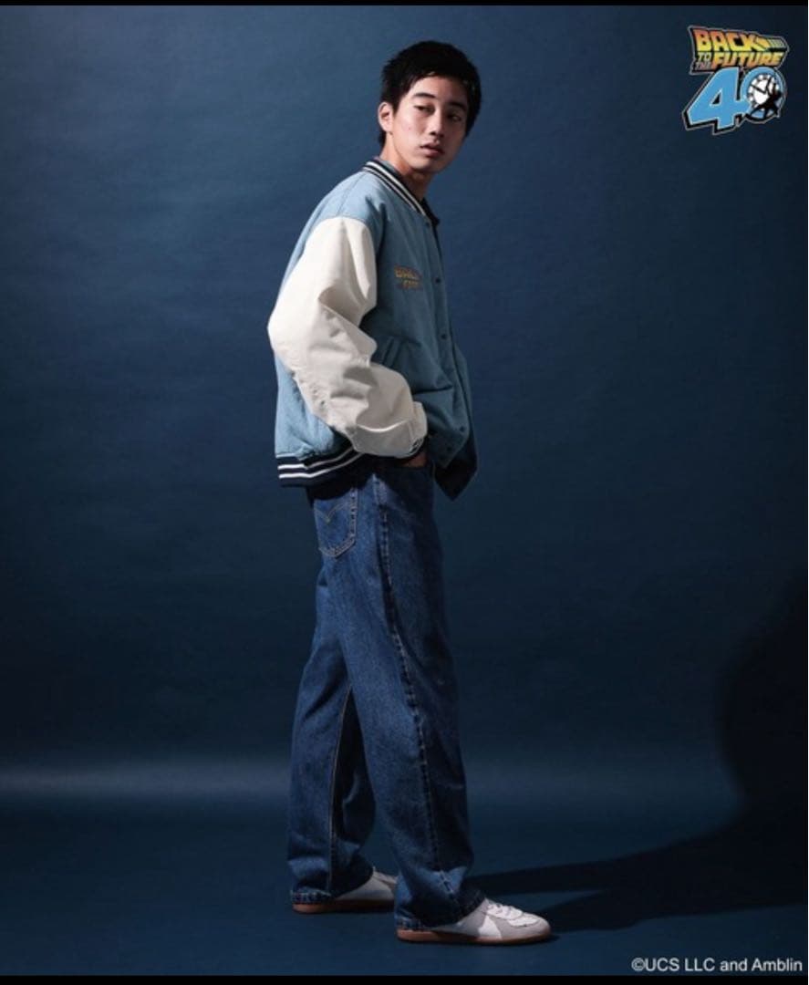 ニコアンド バックトゥザフューチャー BTTF 刺繍スタジャン ライトブルー