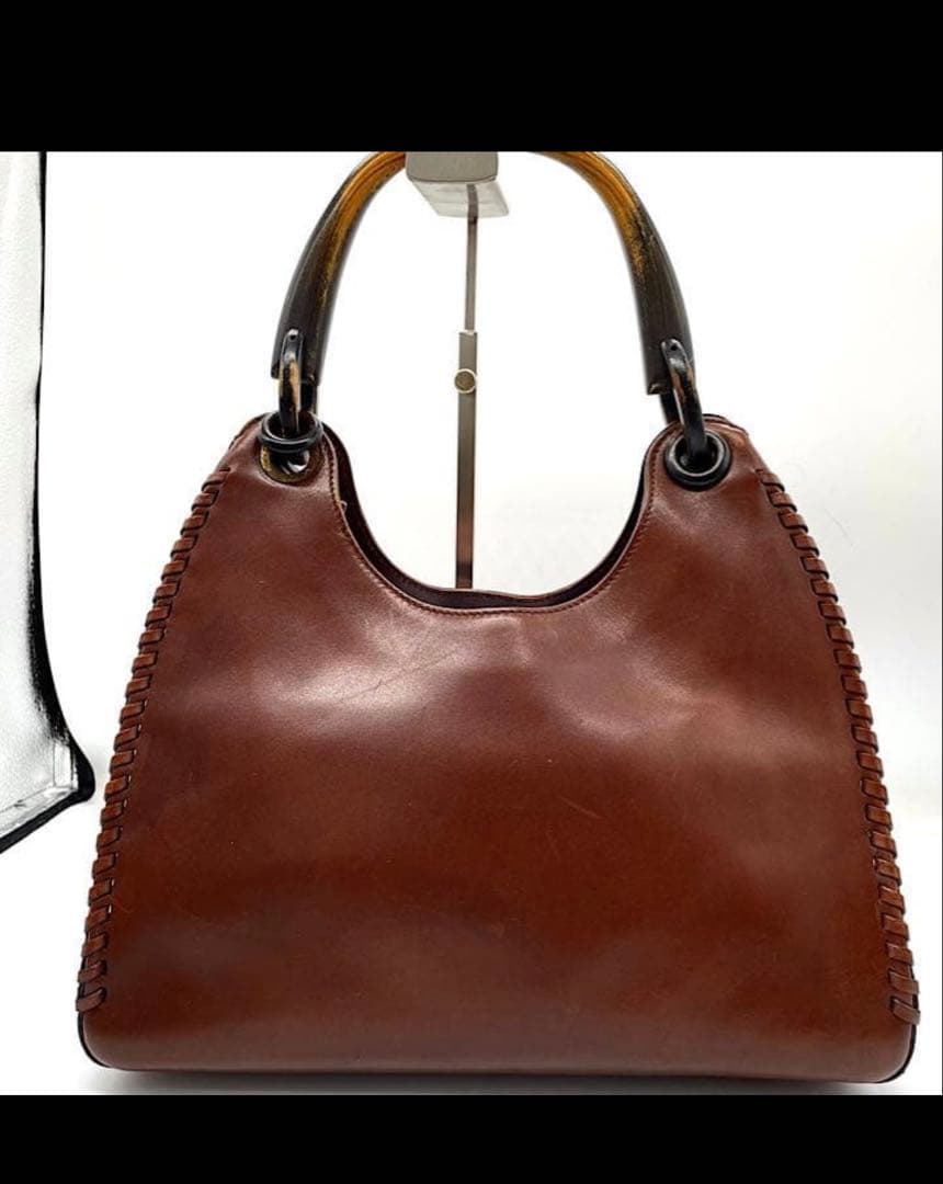 【美品✨】GUCCI ハンドバッグ　ウッドハンドル　チャーム　レザー　ブラウン