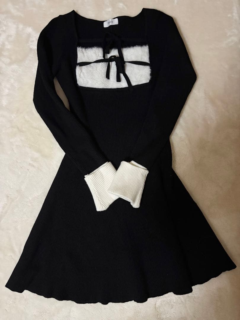 Darich ダーリッチ リボンファーフレアニットミニワンピース Freeサイズ