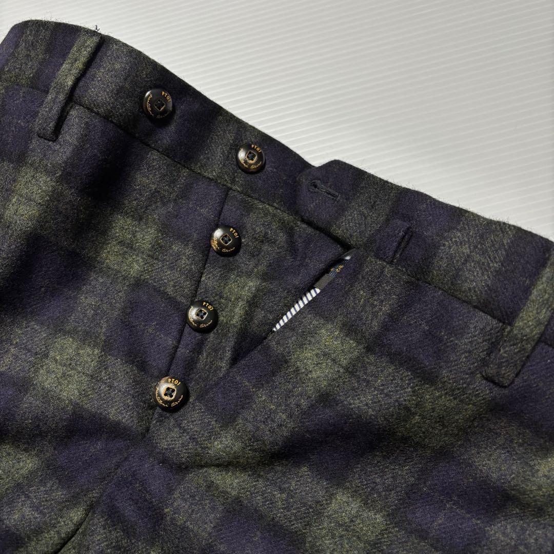 【ピーティーゼロウーノ PT01】ウール　パンツ　チェック　グリーン　メンズ