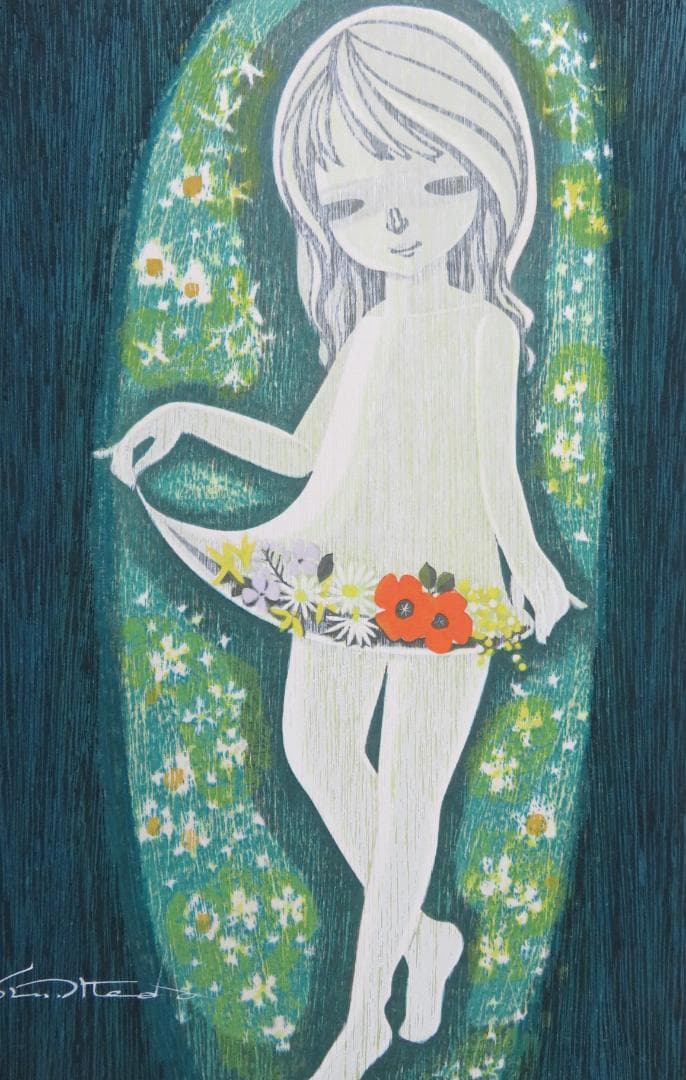 ◆　池田修三 「花の少女」　木版画　1977年　67/200　版上サインあり　◆