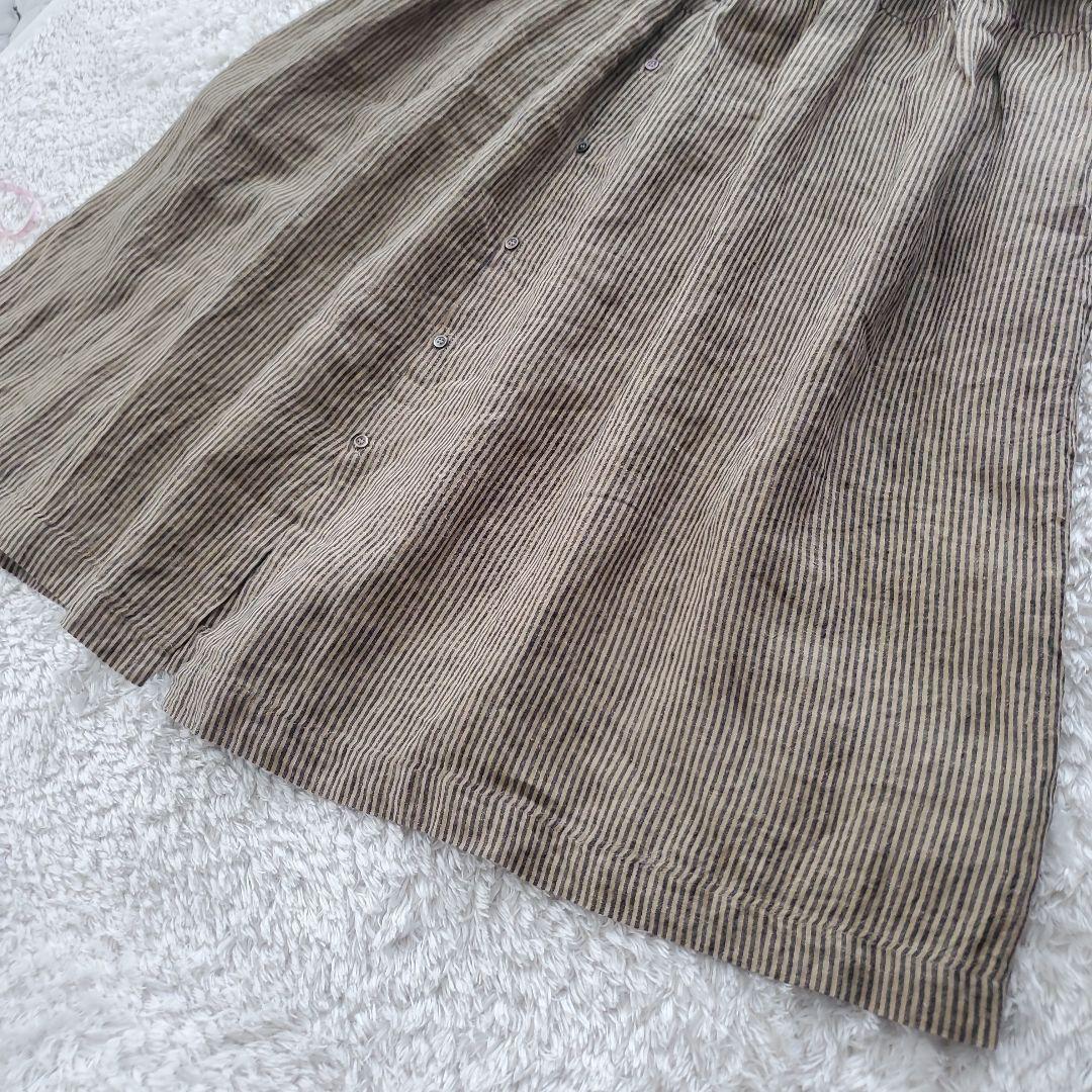 イチアンティークス リネン ストライプオーバーシャツワンピース ベージュ×グレー