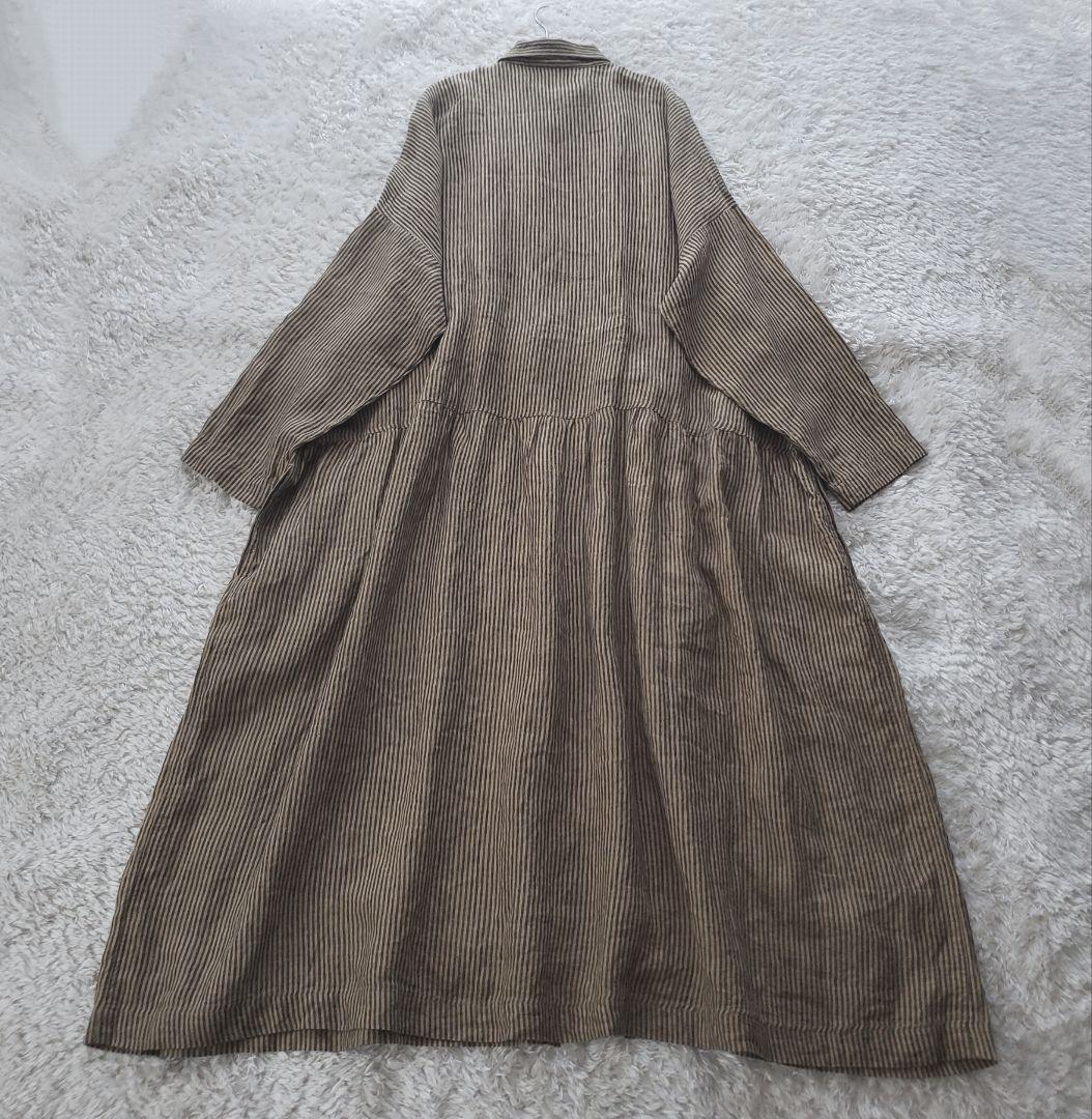 イチアンティークス リネン ストライプオーバーシャツワンピース ベージュ×グレー