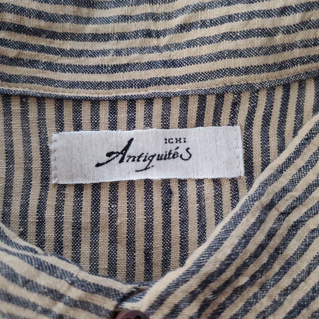 イチアンティークス リネン ストライプオーバーシャツワンピース ベージュ×グレー