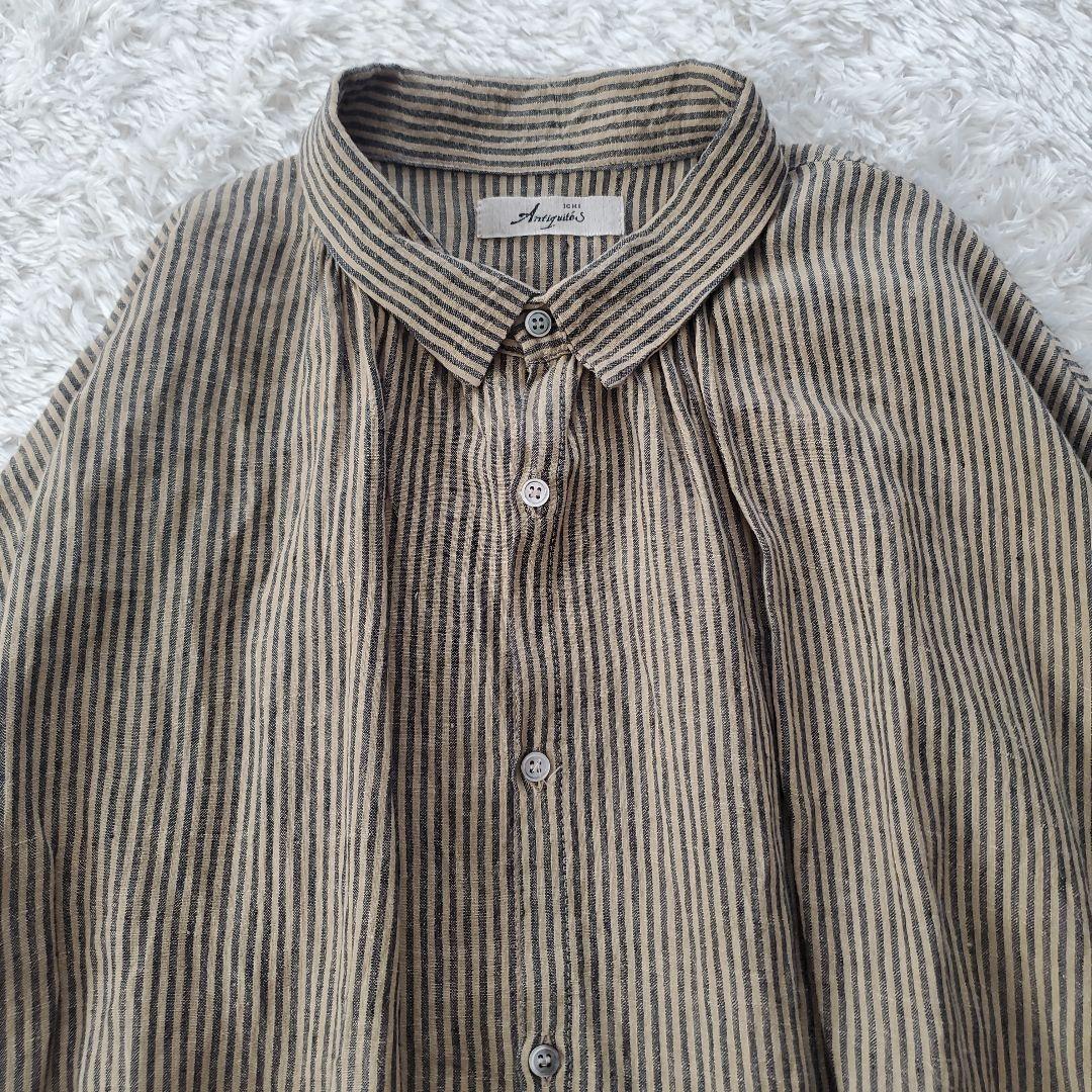 イチアンティークス リネン ストライプオーバーシャツワンピース ベージュ×グレー