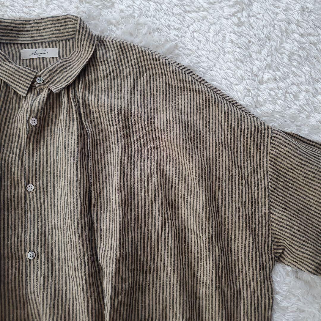 イチアンティークス リネン ストライプオーバーシャツワンピース ベージュ×グレー