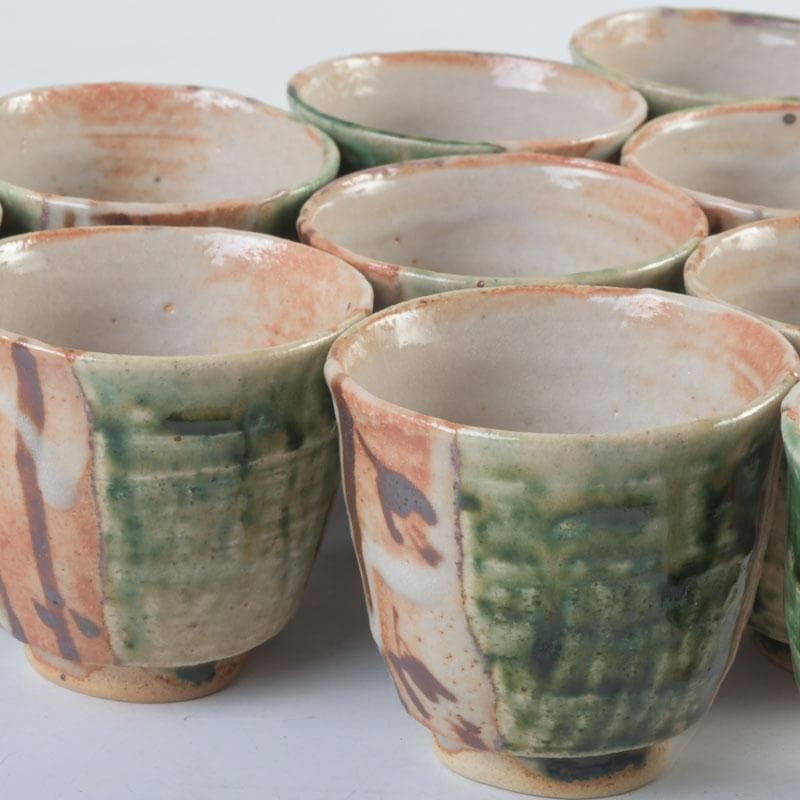 マサオ 煎茶道具　織部焼　煎茶碗　十客　陶印有　時代箱　V　9322