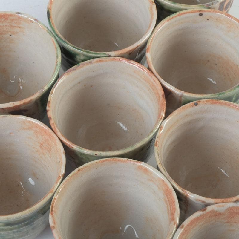 マサオ 煎茶道具　織部焼　煎茶碗　十客　陶印有　時代箱　V　9322